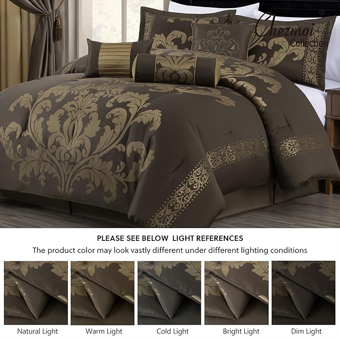 Chezmoi Collection 7-Piece Jacquard Floral Comforter Set (California King, Coffee/Gold)