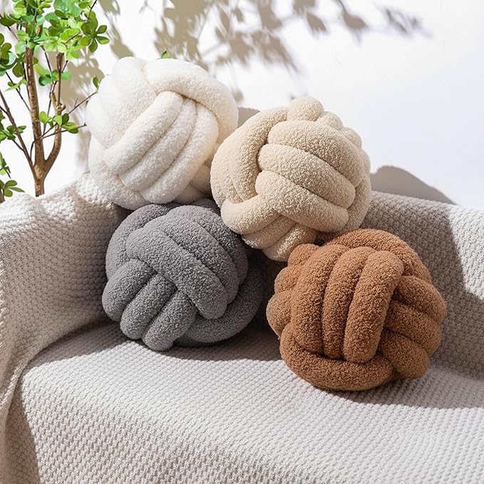 4 Pcs Knot Pillow Ball Soft Sherpa Throw Pillow 8.6'' Decorative Round Accent Pillows Aesthetic Decor Handmade Cushion for Home Couch Bed Sofa Chair(Soft)
