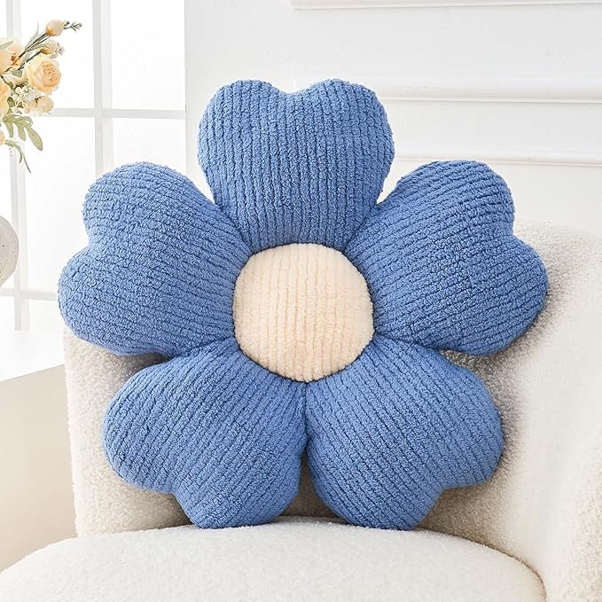 Flower Throw Pillow, Cute Flower Shaped Pillow Decorative Throw Pillow for Bed Couch, Soft Daisy Pillows Floor Seating Cushion Cushions (19.6 Inch Blue)