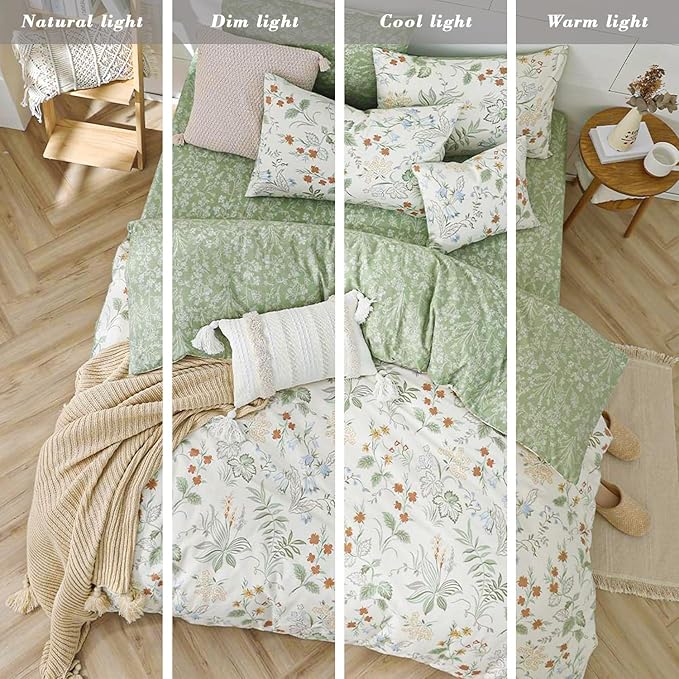 Natural Cotton 3pcs Botanical Comforter Sets Queen Size-Green Comforter with Red & Blue Flowers,Gray Leaves on Off-White, Reversible Lightweight Bedding Sets(Full/Queen)