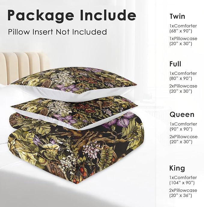 Comforter Set Full Size, Vintage Flower Plants Soft 3 Pcs Bedding for Kids and Adults, Skull Moth Witch Comforter Set with 2 Pillowcases, for Bedroom Bed Decor