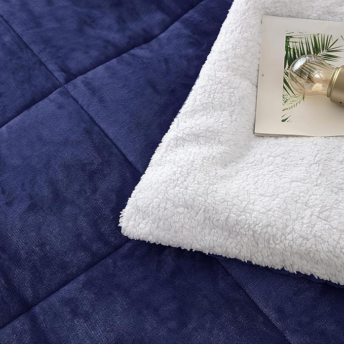 Seward Park Navy Blue Sherpa Comforter Set Twin XL Size, All Season Soft Warm Fleece Fall Blanket, Winter College Dorm Bedding Sets with 1 Pillow Sham