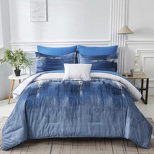 Dinjoy Ombre Blue Comforter Set Twin Size Reversible Gradient Blue Grey Boho Bedding Set for Men Women 7 Pieces Bed in A Bag Bohemian Bed Set with Comforter, Sheets, Pillowcases & Shams