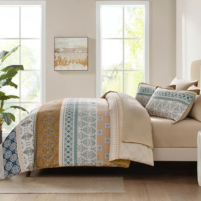 WONGS BEDDING Boho Comforter Set King, 7 Pieces Beige Striped Bed in a Bag Comforter and Sheet Set, Bohemian Floral Striped Comforte Bedding Set,Soft Microfiber Complete Set for All Seasons 104" x 90"