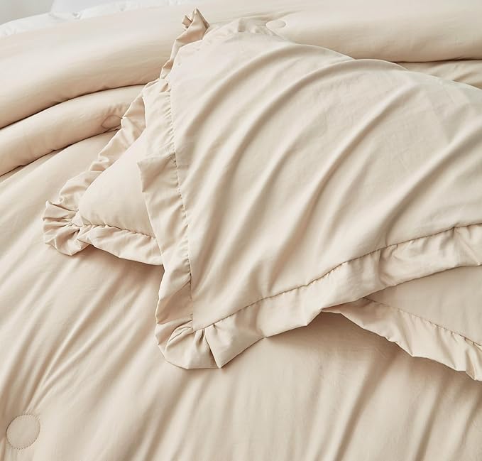 Chezmoi Collection Nora Light Sand Comforter Set Queen Size 3-Piece Lightweight Fluffy Soft Stone-Washed Ruffled Shabby Chic Bedding for All Season