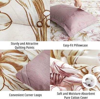 Floral Cotton Comforter Queen Size 3Pcs - Pink Flowers on Botanical Textured Beige Front, Mauve Taupe Back, Reversible Lightweight Bedding Sets with Soft Fill(Queen, 90"×90")