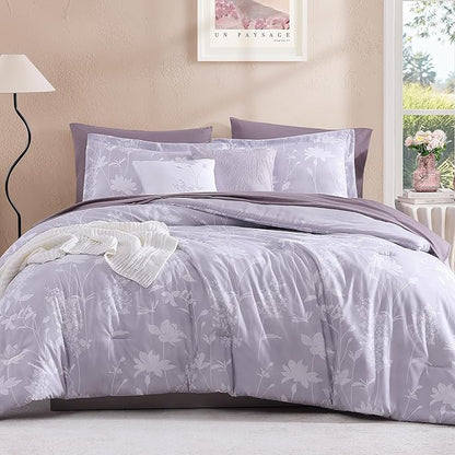 Twin XL Comforter Set -5 Pieces Floral Lavender Purple Bedding Set for All Seasons, Bed in a Bag with Botanical Flowers Comforter, Sheets, Pillowcase & Sham
