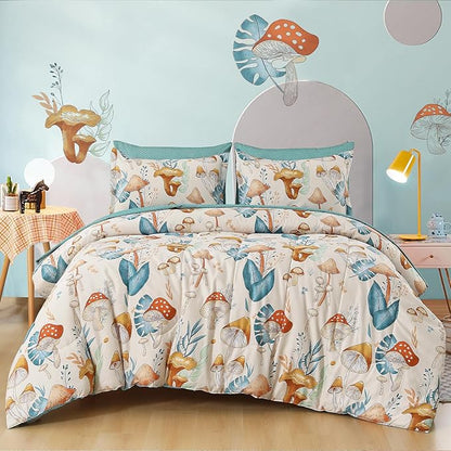 Drucon Mushroom Comforter Set Twin Size 6 Pieces Bed in Bag Botanical Bedding Set with Plants, Reversible Cute Mushroom Comforter for Kids Adults Boys Girls