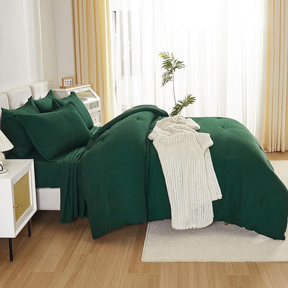Litanika King Size Comforter Set Dark Emerald Green - 7 Pieces Bed in a Bag King Bedding Comforter Sets, Solid Lightweight Bed Set with Comforter, Sheets, Pillowcases & Shams