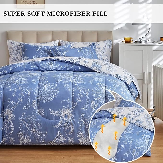 Flysheep Botanical Bed in a Bag Twin Size 6 Pieces, Reversible Blue and White Flower Printed Comforter Bedding Set (1 Comforter, 1 Flat Sheet, 1 Fitted Sheet, 2 Pillow Shams and 1 Pillowcase)