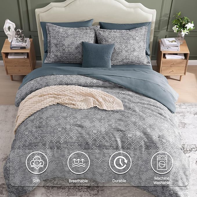 MaiRêve King Comforter Set Navy Blue, Crinkle Textured Design Bedding Set 7 Pieces Bed in A Bag, All Season Farmhouse Comforter Set with Sheets, Pillowcases & Shams