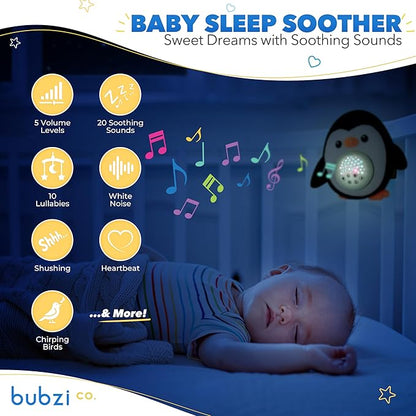 Bubzi Co Sound Machine, Portable Penguin Soother & Night Light Projector, Comforting Electronic Infant Toddler Sleep Aid & Shush with White Noise