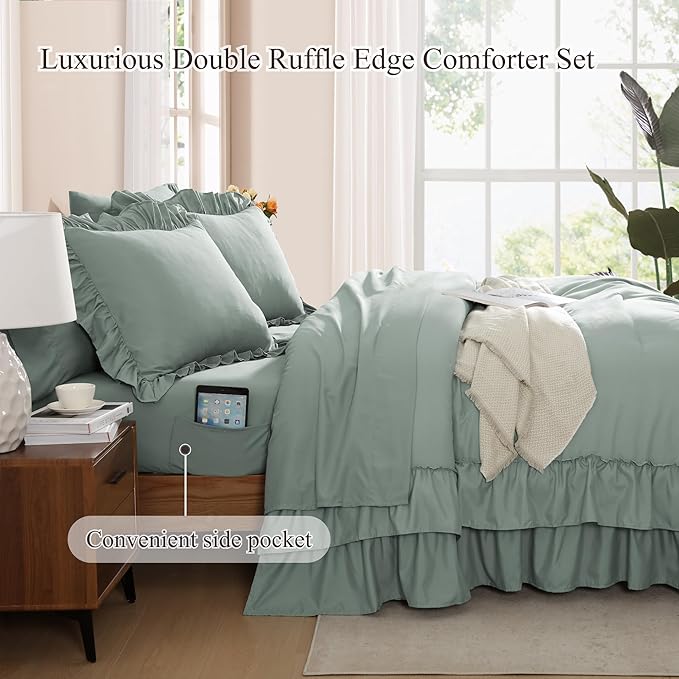 King Size Comforter Set Sage Green, Ruffle Shabby Chic Bedding Set Farmhouse 7 Pieces, All Season Fluffy Bed in a Bag with Sheets, Pillowcases & Shams