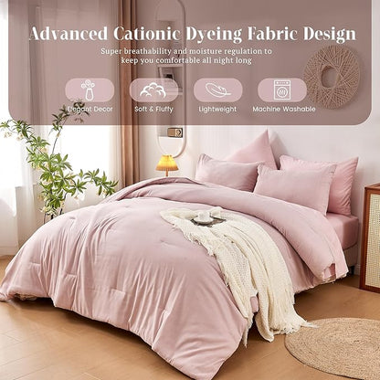 DECMAY Full Comforter Set with Sheets, 7 Pieces Pink Full Bedding Set, Cationic Dyeing Bed in a Bag with Comforter, Flat Sheet, Fitted Sheet, Pillowcase and Pillow Sham (Full, Pink) | full comforter set, full bedding set, full bed set