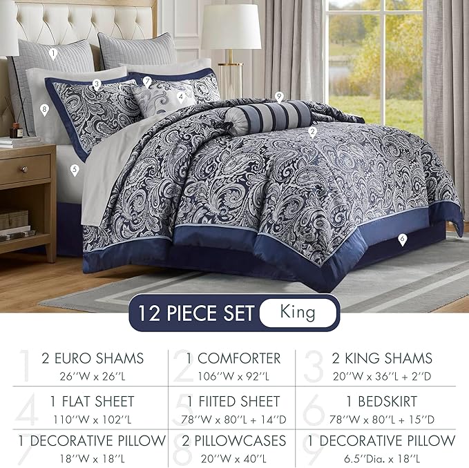 Madison Park Aubrey Cozy Comforter Set, Faux Silk Jacquard Paisley Design - All Season Down Alternative Bedding with Cotton Bed Sheets, Bed Skirt & Toss Pillows, King Navy 12 Piece