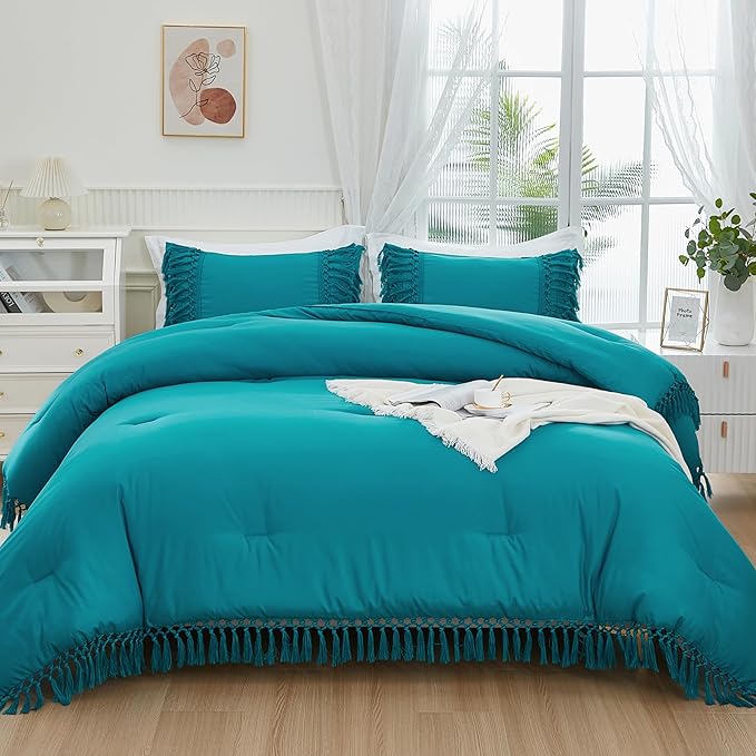 Andency Turquoise Full Size Comforter Set, 3 Pieces Boho Tassel Lightweight Soft Bedding Comforter Sets, All Season Fluffy Fringe Bed Set (79x90In Comforter & 2 Pillowcases)
