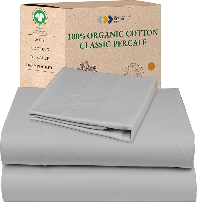 California Design Den Twin Sheet Set - Soft 100% Organic Cotton Bed Sheets with Deep Pockets, Crisp Percale, Breathable and Durable Bedding Set - Light Grey