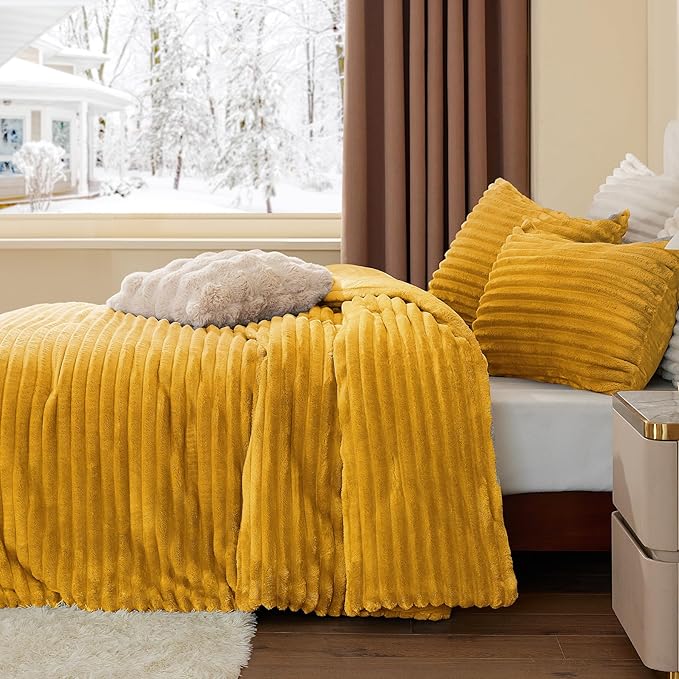 BEDELITE Fleece California King Comforter Set -Super Soft & Warm Fluffy Mustard Yellow Bedding, Luxury Fuzzy Heavy Bed Set for Winter with 2 Pillow Cases