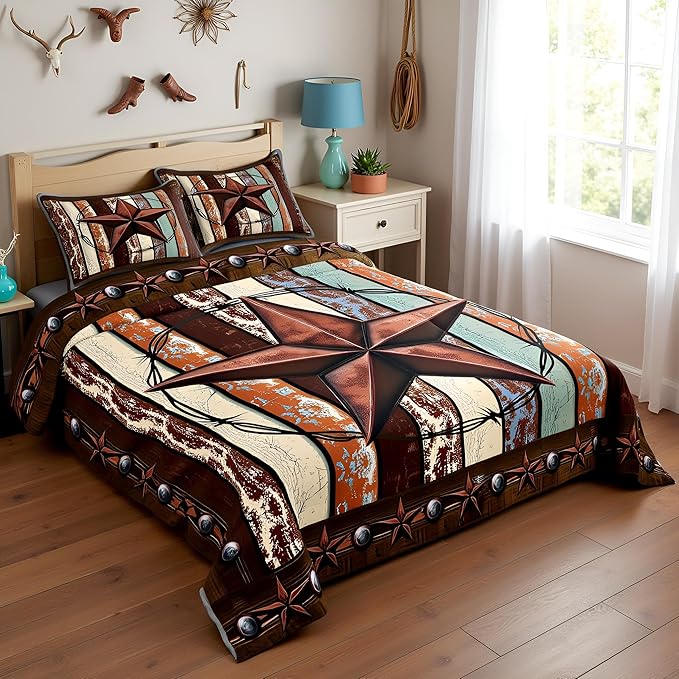 Western Texas Star Kids Comforter Set King Size,Vintage Wooden Plank Bedding Set,Girls Boys Adults Bedroom Decor,Rustic Farmhouse West Cowboy Down Comforter,Brown Retro Duvet Insert,2 Pillowcases