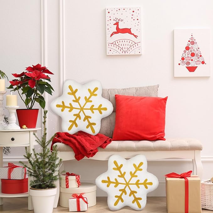 Soaoo 2 Pcs Snowflake Pillow Winter Throw Pillows Decorative Sherpa White Snowflake Shaped Cushion for Winter Home Decor Couch Sofa Bedroom Decoration(Gold)