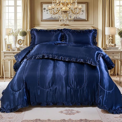 Satin Queen Comforter Silk Like Bedding 4 Pcs Hotel Soft Polyester Navy Blue Bed Set Luxury Silky Body Pillow Cover Ruffle Home Decor