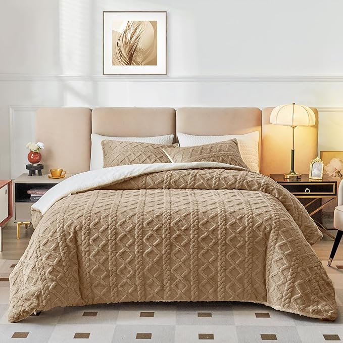 Joyreap 3-Piece Fluffy Faux Fur Sherpa Comforter Set Coffee, King Size Luxury Tufted Bedding Comforter Set, All Season Soft n Cozy Plush Comforter Bed Set- 100x88 inches