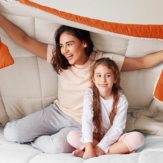 Exclusivo Mezcla Lightweight Summer Reversible Queen Size Comforter Set, Down Alternative Comforter with 2 Pillow Sham, Queen Size Bedding Set for All Seasons, Burnt Orange/Brich Beige