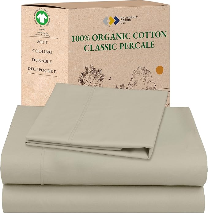 California Design Den Twin Size Sheets Set - Soft 100% Organic Bed Sheets with Deep Pockets, Crisp Percale, Breathable and Durable Bedding Set - Warm Taupe