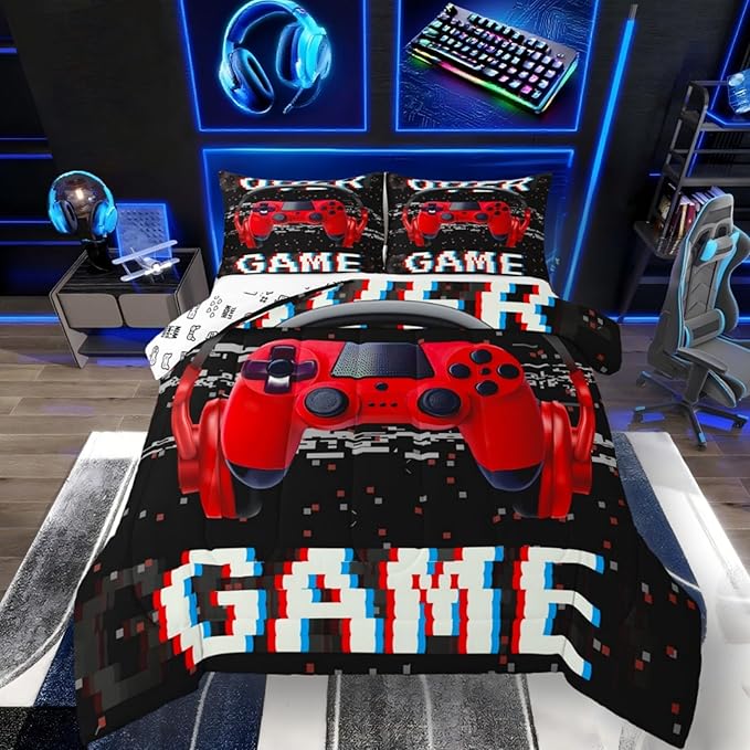 Erosebridal Twin Comforter Set for Boys, Gamer Comforter Gaming Headsets Bedding Sets, Kids Teens Music Game Controller Bedding Comforter Sets, Red Black Quilt Gamer Room Decor