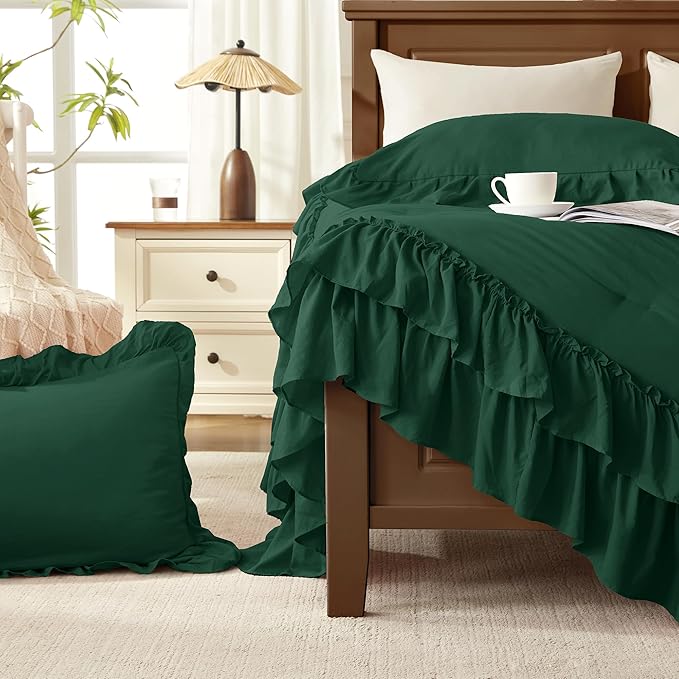 Andency Dark Green Ruffle Comforter Set King, Shabby Chic Farmhouse Bedding Comforter, Soft Lightweight Fluffy Microfiber Bet Set All Season 3 Pieces Solid Comforter Set