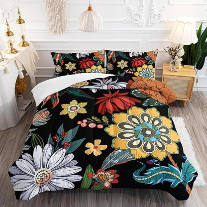 3 Pieces Colorful Floral Comforter Set,Bohemian Botanical Bedding Set King Size,All Season Lightweight Soft Microfiber Bedding with 2 Pillow Shams