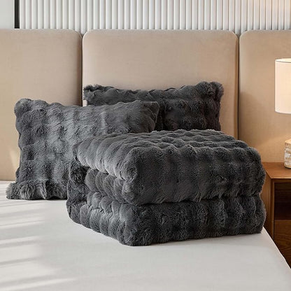 King Faux Rabbit Fur Comforter Set - 3 Pieces Fluffy Bedding Set Ultra Soft Warm Shaggy Winter Flannel Bed Set, Luxury Skin Friendly Sherpa Comforter Set & 2 Pillow Shams for Thanksgiving Dark Gray