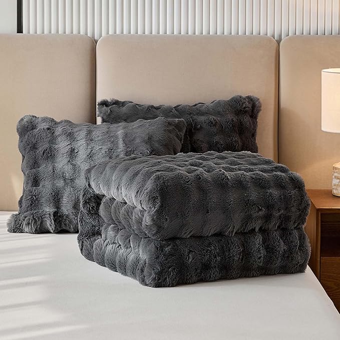 Full Faux Rabbit Fur Comforter Set - 3 Pieces Fluffy Bedding Set Ultra Soft Warm Shaggy Winter Flannel Bed Set, Luxury Skin Friendly Sherpa Comforter Set & 2 Pillow Shams for Thanksgiving Dark Gray