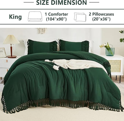Andency Emerald Dark Green Comforter Set King, 3 Pieces Boho Tassel Lightweight Vintage Soft Bedding Comforter for King Bed, All Season Fluffy Fringe Bed Set (104x90In Comforter & 2 Pillowcases)