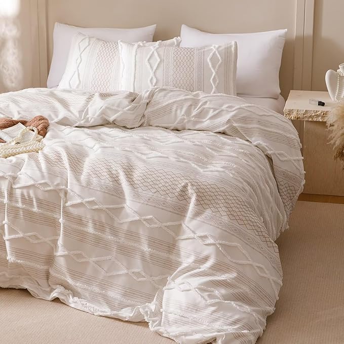 Cottonight White Boho Comforter Set Queen Farmhouse Tufted Bedding Set Soft Bohemain Shabby Chic Blanket Quilts Embroidery Rustic Luxury Soft 3PCS Bed Set for Women Men