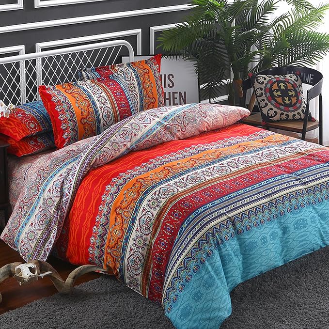 Goodidea Striped Bohemian Comforter Set Queen Size 3 Pieces Boho Hippie Geometric Bedding Set Soft Breathable Reversible Microfiber Boho Comforter with 2 Pillowcases(20"x26")