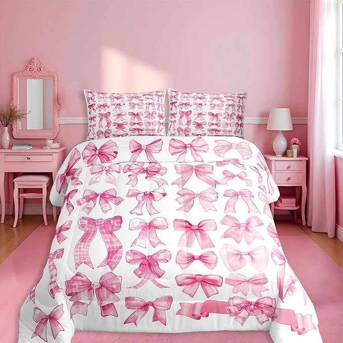 Castle Fairy Pink Bow Comforter Set King Size,Pink Grid Bedding Set 3Pcs for Kids Teens Adults Room Decor,Cute Bow Down Comforter Fashion Preppy Bedding Comforters,2 Pillowcases