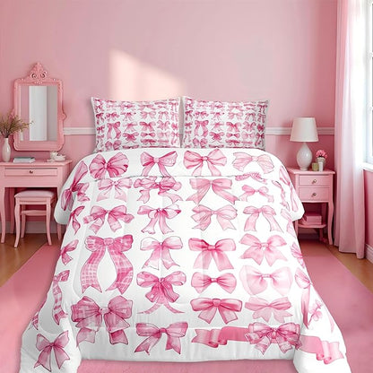 Castle Fairy Pink Bow Comforter Set King Size,Pink Grid Bedding Set 3Pcs for Kids Teens Adults Room Decor,Cute Bow Down Comforter Fashion Preppy Bedding Comforters,2 Pillowcases