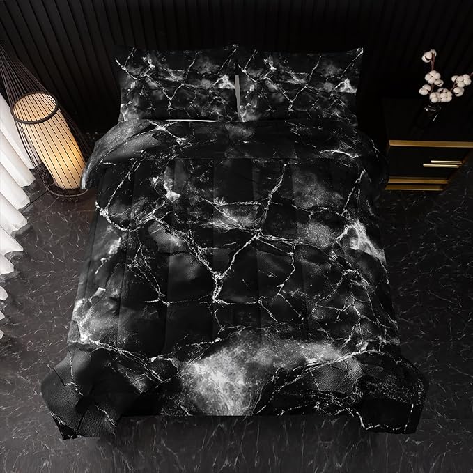 Black and White Comforter Set Twin Size，Black and White Marble Bedding Set 3 Pcs Bedding for Adults, Marble Room Decor with Comforter and 2 Pillowcases Soft and Lightweight