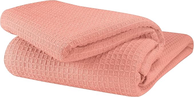 GLAMBURG 100% Cotton Thermal Blanket, Breathable Waffle Blanket, Queen Size, All Season, Peach