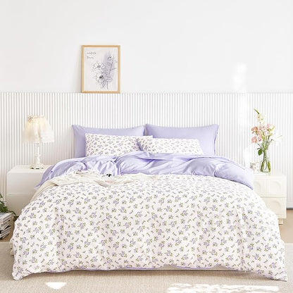 Wake In Cloud - Floral Comforter Set with Sheets, Coquette Cottagecore Aesthetic Flower Shabby Chic Pattern for Women Teen Girls, 5 Pieces Bed in a Bag, White Purple, Twin Size