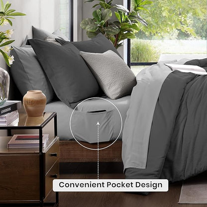 Monbix California King Comforter Set - 7 Pieces Cationic Dyeing Dark Grey Bed in a Bag Cal King Bed Sets with Comforter, Sheets, Pillowcases & Shams, Reversible Bedding Comforters Sets
