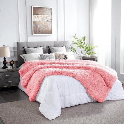 JONIYEAR Oversized Decorative Fluffy Faux Fur Throw Blanket Twin Size 60" x 71", Soft Luxury Lightweight Furry Blankets, Accent Cozy Shaggy Plush Fuzzy Blankets for Bed,Thick Warm Winter Blanket, Pink