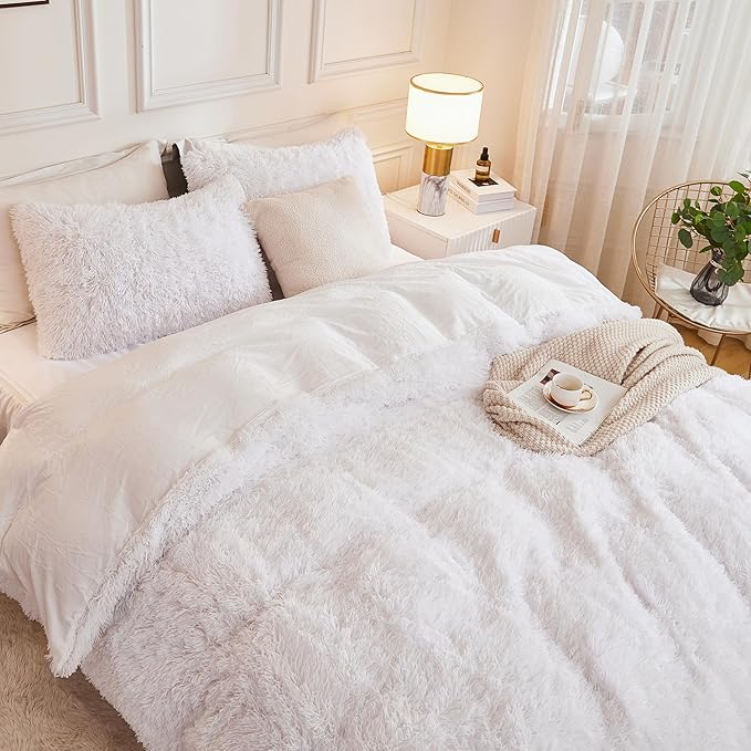 Andency White Comforter Full Size Set, 3 Pieces Fluffy Faux Fur Warm Soft Fuzzy Plush Bedding Comforter Set, Thick Heavy Puffy Comfy Bedding Sets