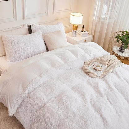 Andency White Comforter Full Size Set, 3 Pieces Fluffy Faux Fur Warm Soft Fuzzy Plush Bedding Comforter Set, Thick Heavy Puffy Comfy Bedding Sets