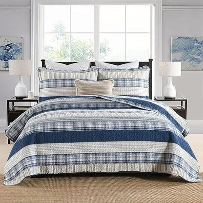 Homzard Twin Comforter- Blue Twin Bedding Sets, Plaid Striped Twin Quilt, Blue White Tan Quilt 100% Cotton, Farmhouse Comforter Bedspread 2 Pieces