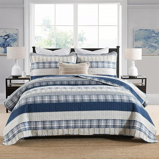 Homzard Twin Comforter- Blue Twin Bedding Sets, Plaid Striped Twin Quilt, Blue White Tan Quilt 100% Cotton, Farmhouse Comforter Bedspread 2 Pieces