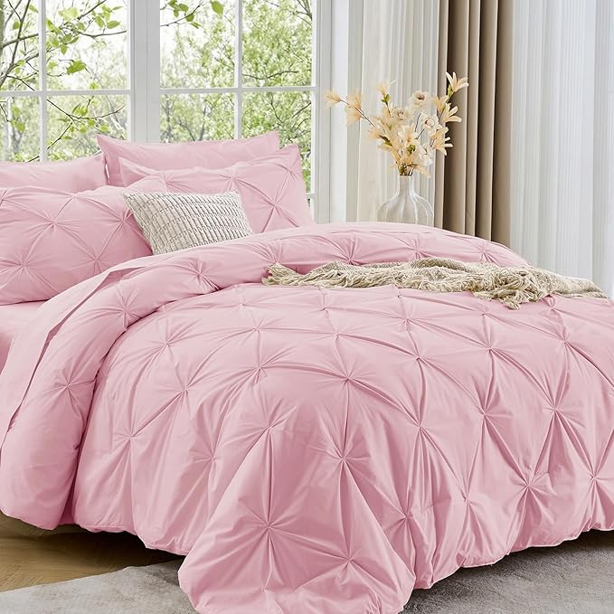 Sasttie California King Comforter Set, 7-Piece Bed in a Bag, Pintuck Bedding Sets for All Season, Includes Comforter, Flat Sheet, Fitted Sheet, Pillowcases and Pillowshams, Baby Pink