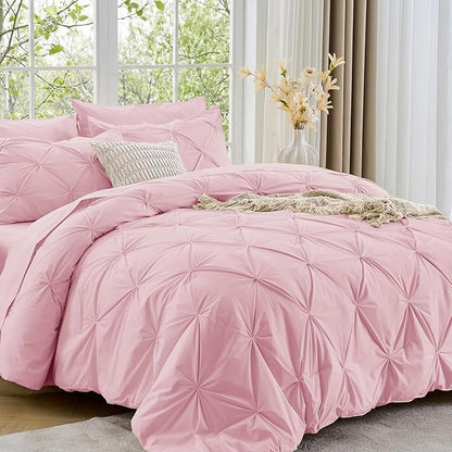 Sasttie Queen Comforter Set, 7-Piece Bed in a Bag, Pintuck Bedding Set for All Season, Includes Comforter, Flat Sheet, Fitted Sheet, Pillowcases and Pillowshams, Baby Pink