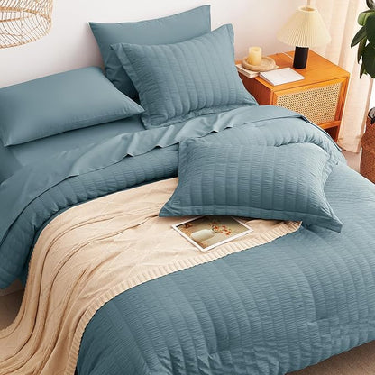 CozyLux Full Size Comforter Sets with Sheets 7 Pieces, Mineral Blue Seersucker Bed in a Bag Textured Luxury Soft Bedding Set with Down Alternative Comforter, Sheets, Pillowcases & Shams All Seasons